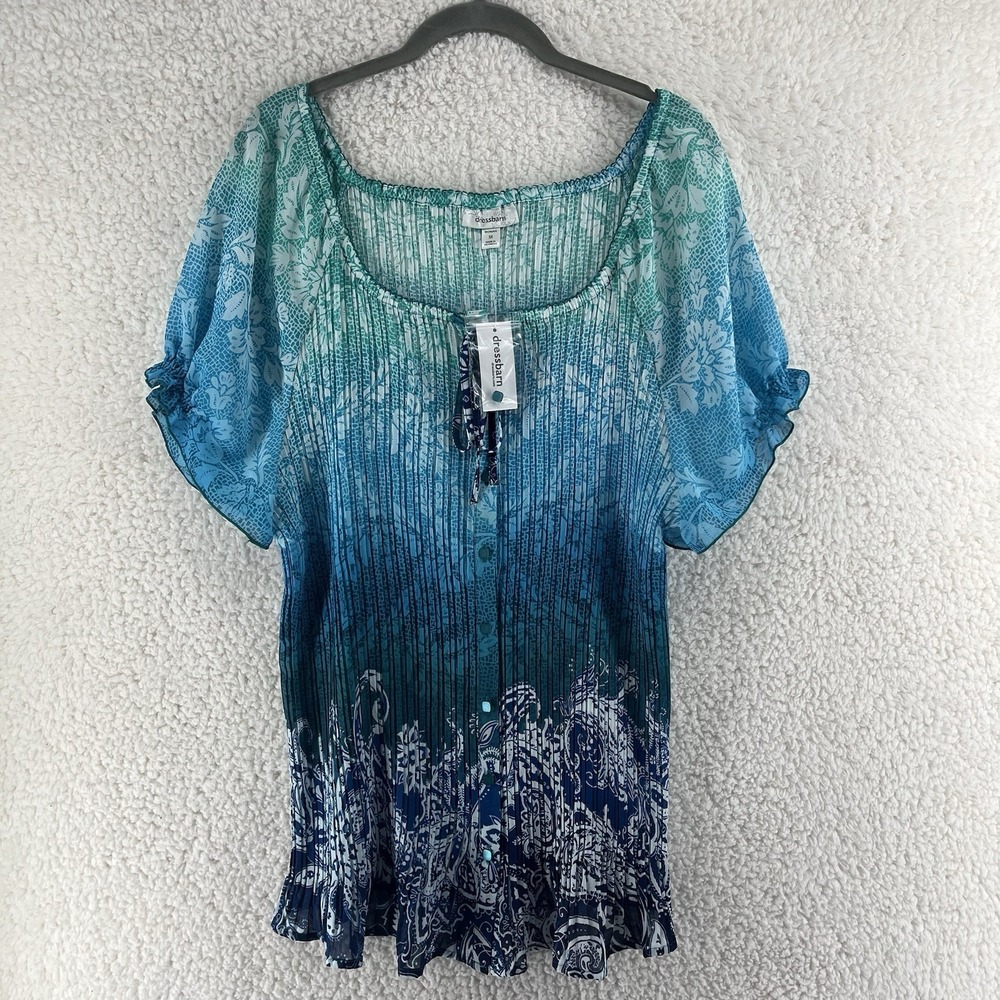 Dressbarn Blue Ombré Accordion Pleat Plisse Button Up Top Women's‎ 3X VTG 90s